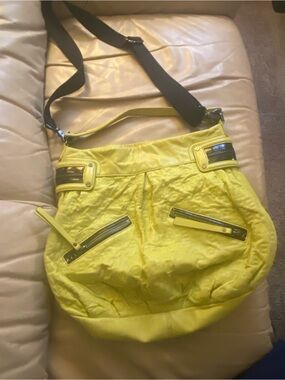 L.A.M.B. Yellow Shoulder Bag with Black Strap and Zipper Accents